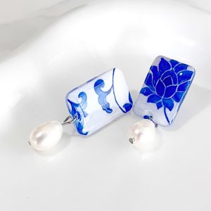 Craft Earrings of Chinese Blue and White Porcelain with natural pearl/stone beads