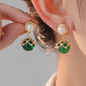 Freshwater Pearl & Green Agate Drop Earrings - Luxe Design, Elegant European Style